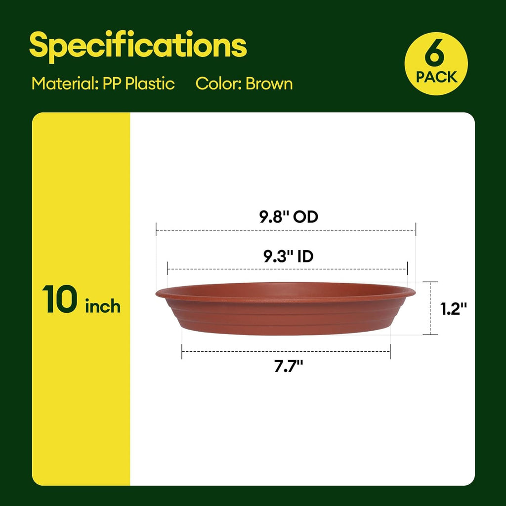6 Pack Plant Saucer, 8 10 12 inch Plant Saucers for Indoor, Heavy Duty Plastic Plant Trays for pots, Grow Bags, Bird Baths, Flower Drip Trays for Indoor and Outdoor Uses (10", Brown)