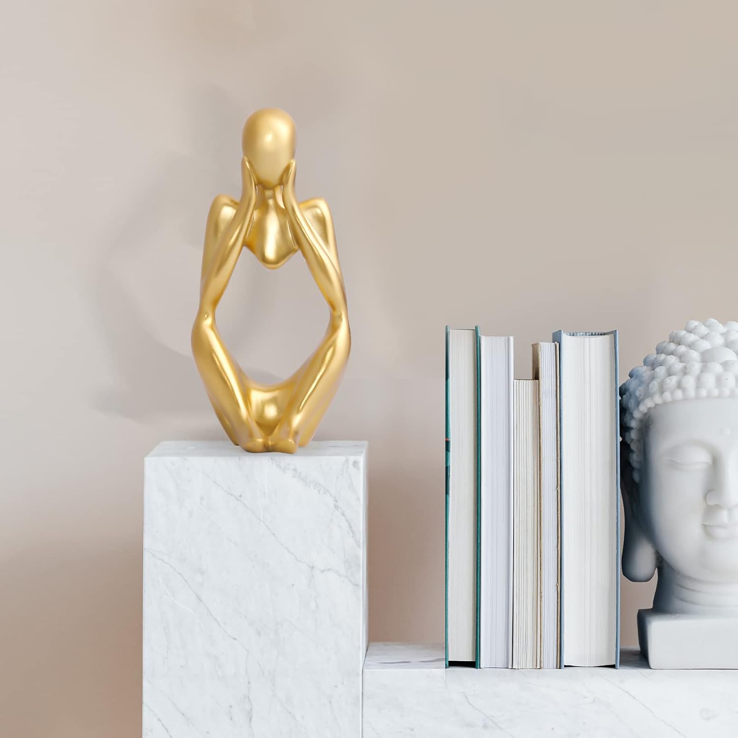 INNOLITES Resin Statue Thinker Style Decoration Abstract Sculptures Collectible Figurines for Home Decor Modern Office Shelf Desktop (Gold-Focus)