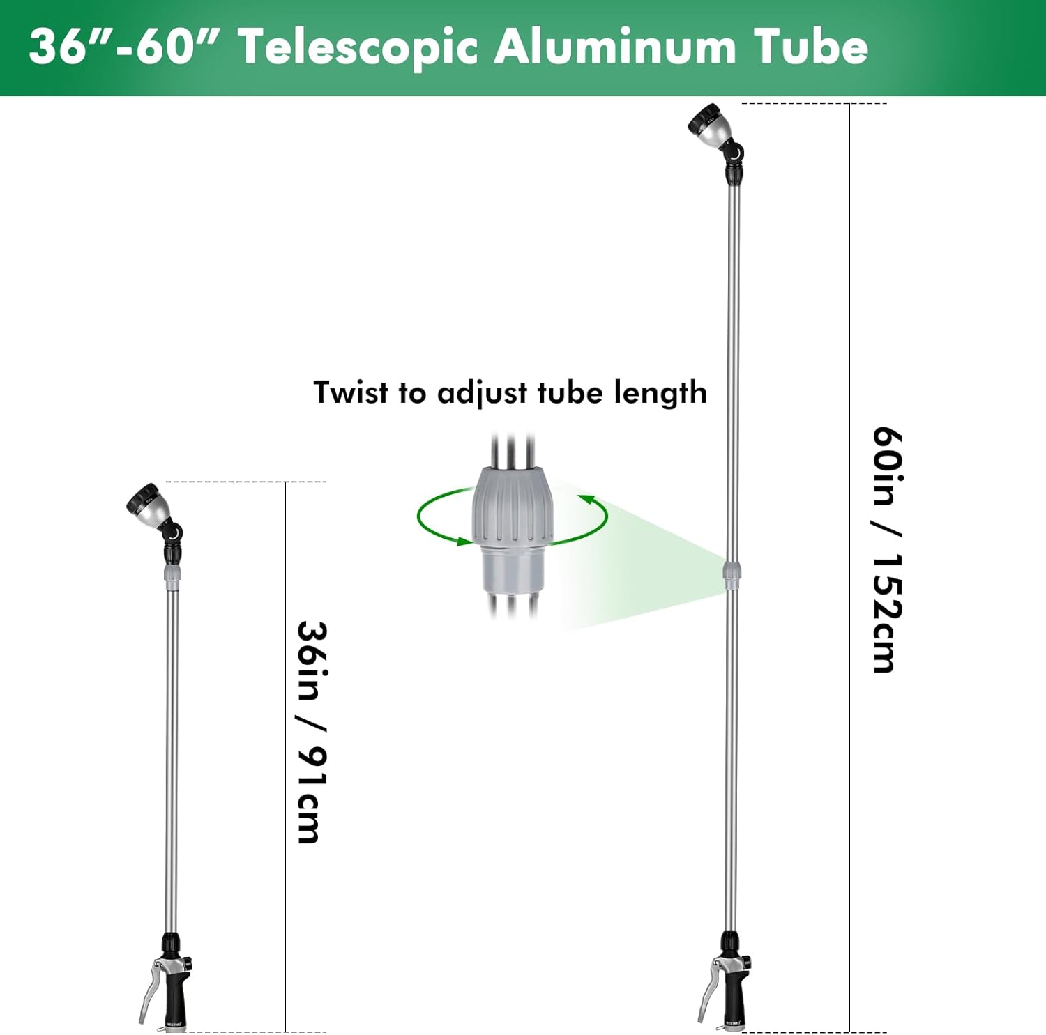 RESTMO Metal Watering Wand, 36”-60” Long Telescopic Tube | 180° Adjustable Ratcheting Head | 7 Spray Patterns | Flow Control, Perfect Garden Hose Sprayer to Water Hanging Baskets, Shrubs, Black