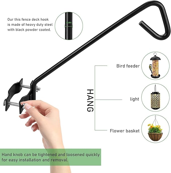 11 inches Fence Deck Hook Rail Hook Hanging Hook Mounting Kit Heavy Duty Bird Feeder Hook, Decorative Hook Hanger for Bird Feeders, Planters, Suet Baskets, Lanterns on Balcony Porch Railing Fence
