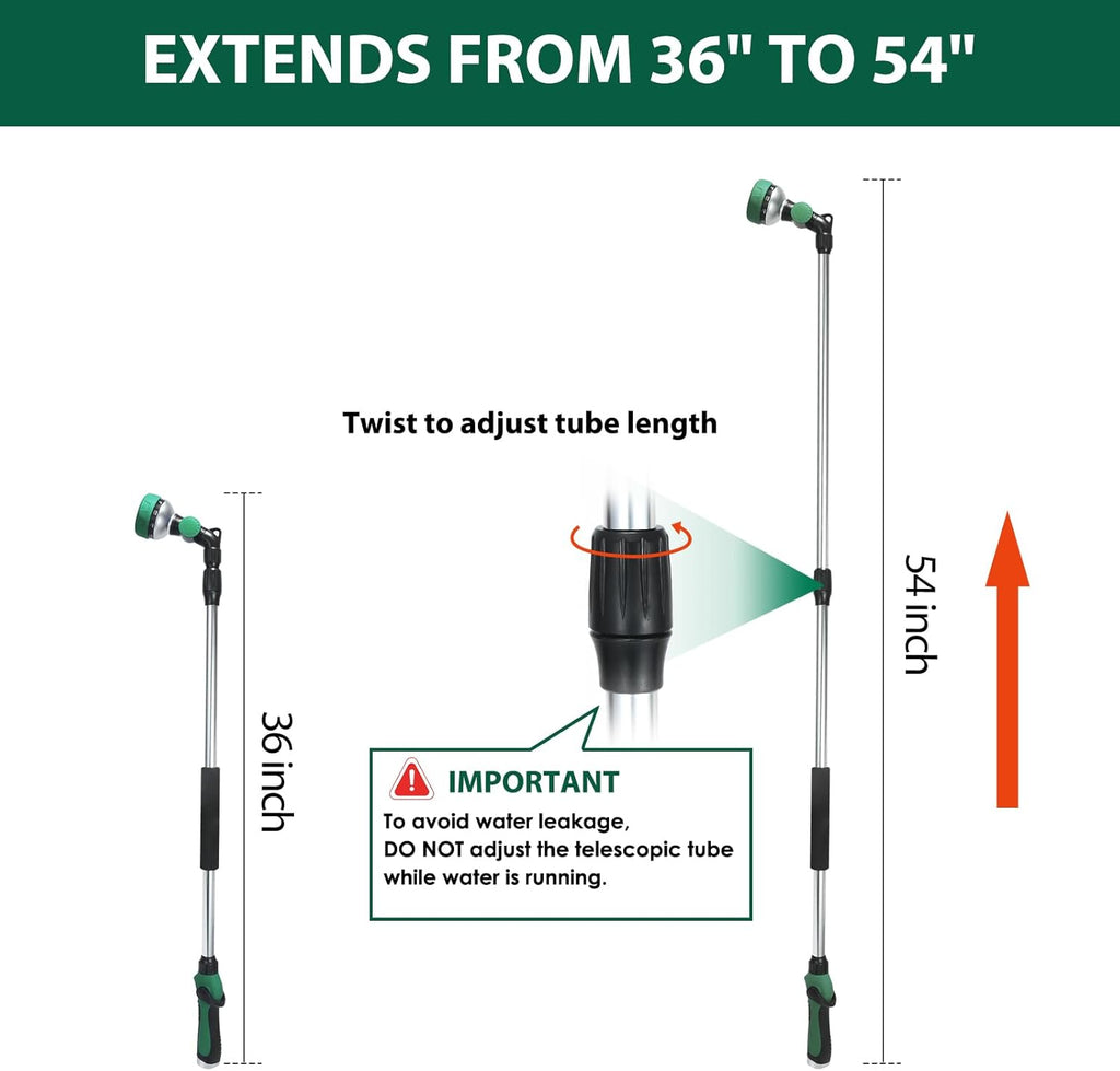 Telescoping Watering Wand for Garden Hose, 36”-54” Adjustable, 10 Spray Patterns, Heavy-Duty Hose Nozzle with Thumb Control & Pivoting Head, Ideal for Hanging Baskets and Shrubs, Green
