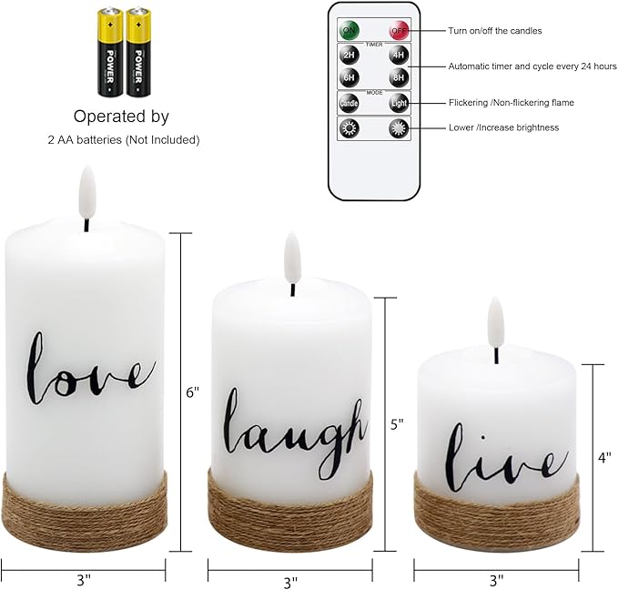 Battery Operated Flameless Flickering Candles with Remote Timer, LED Real Wax Pillar Candlesticks with Realistic 3D Wick, Set of 3 Live Laugh Love Home Decor(D3xH4 5" 6")