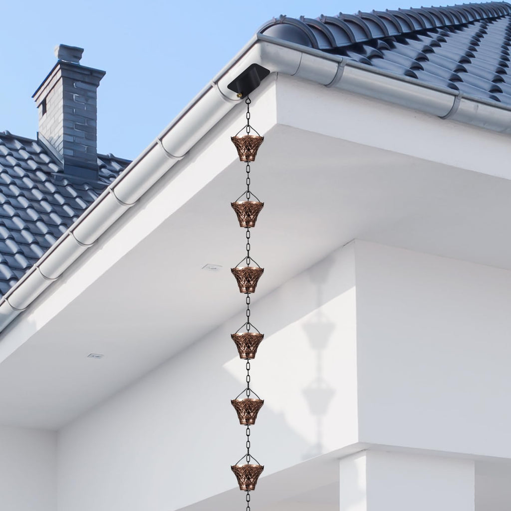Rain Chains for Gutters Outside 8.5FT Copper Rain Catcher Chain with 12 Cups Decorative Replacement for Downspout