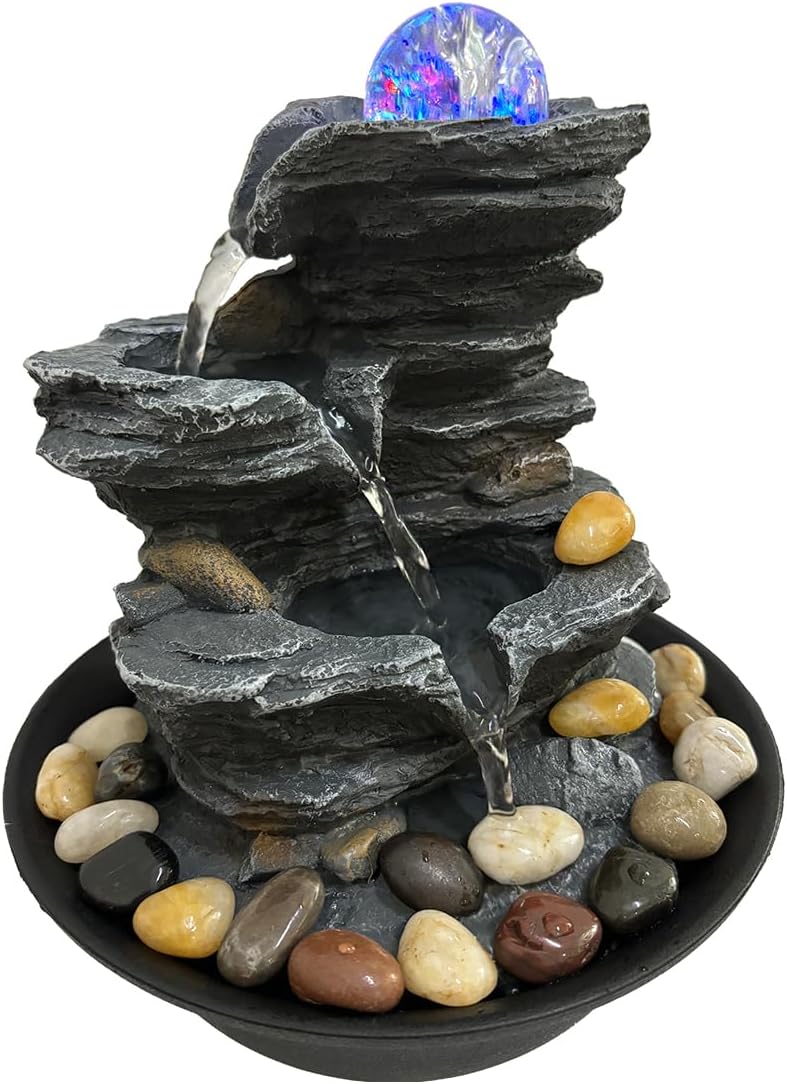 Indoor Tabletop Water Fountain Rotating Ball Rock Waterfall Fountain with Colorful Lights and Natural River Rocks, Zen Meditation for Home Office Decor