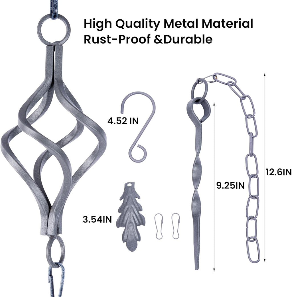 Rain Chain Bird Cage Set 8.5Ft, Wrought Iron Rain Chains for Gutters with Adapter Gotta Drain and Anchoring Stake,13 Birdcage, 1 Hook, Not Rust,Adjustable Length for Garden (Blue Gray)