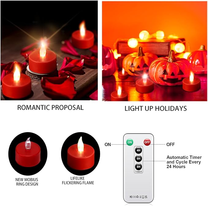 Tea Light Candles with Remote Control,12pack Flickering Flameless LED Candle,Long Lasting 400+Hours,Battery Operated with Timer for Home Decoration Seasonal &Festival Celebration Red