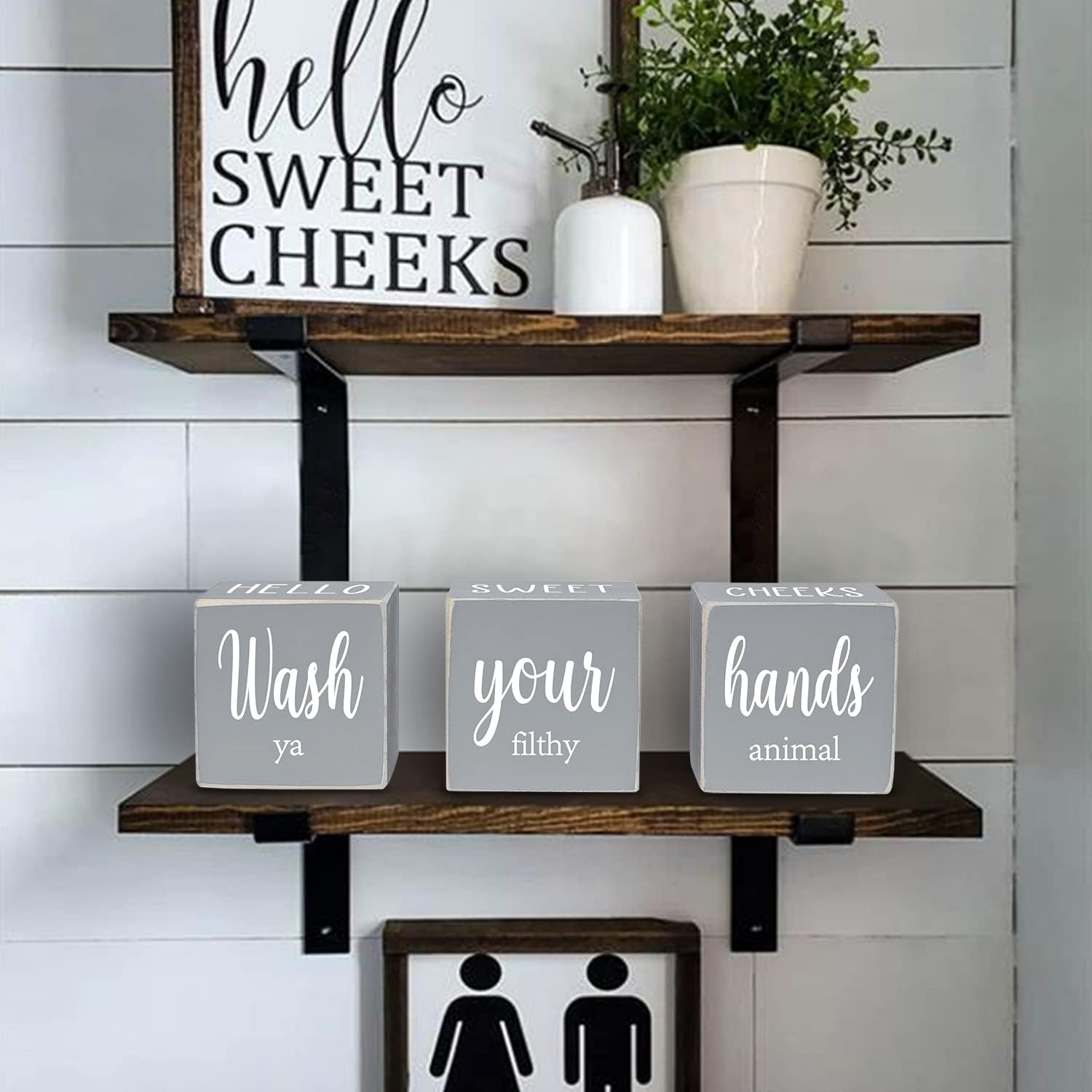 4-Sides Farmhouse Bathroom Decor for Shelves Counter, Funny Rustic Cute Wooden Restroom Guest Sign, Nice Butt&Get Naked&Hello Sweet Cheeks&Wash Your Hands, Grey 2.8"