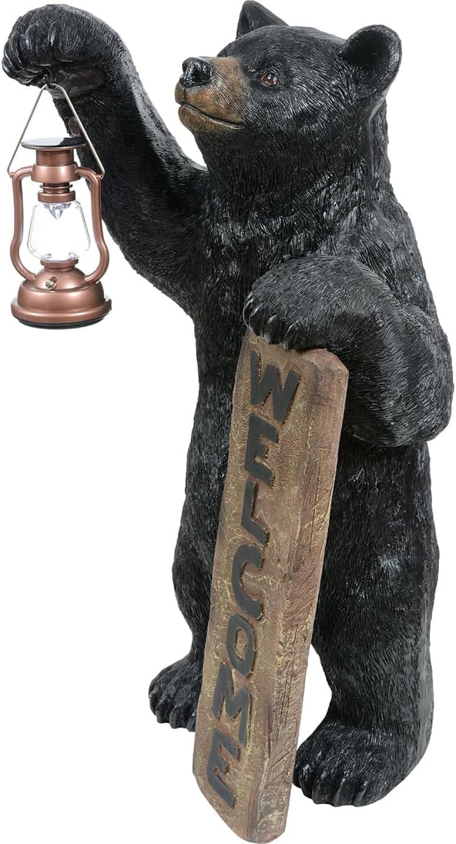 Black Forest Décor - Welcome Bear Solar Lantern - Outdoor Patio & Garden Décor with Solar Light, 18" W x 16" D x 33" H