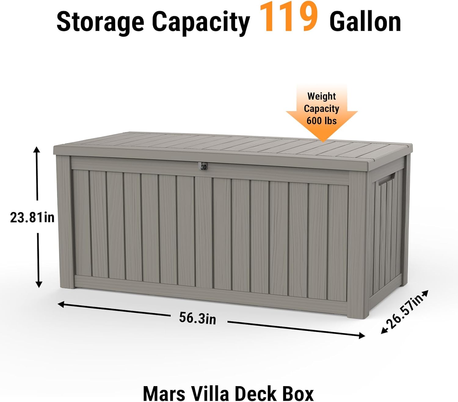 Mars Villa 119 Gallon Outdoor Storage Box Waterproof, Large Resin Deck Box for Pool Supplies Storage, Outdoor Patio Furniture Cushions, with Hydraulic Hinge, UV-Resistant and Weatherproof, Greige