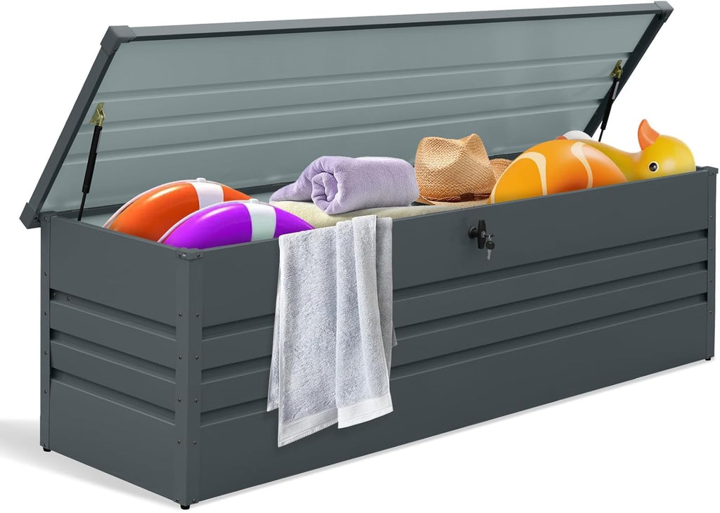 260 Gallon Metal Outdoor Storage Box Waterproof, Extra Large Deck Box and Patio Cushion Box for Storing Gardening Tools, Pool Supplies, Black