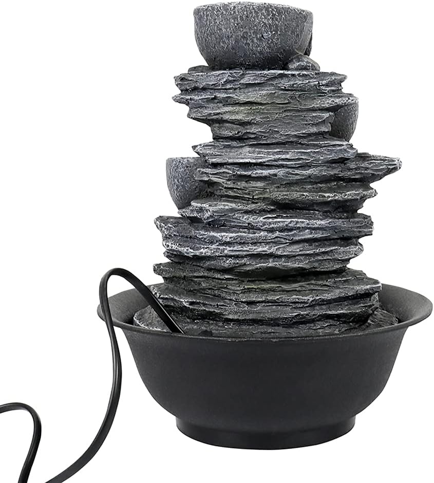 10.6” High Cascading Tabletop Fountain w/LED Light - 4-Tier Bowls Rock Water Fountains Indoor Small Relaxation Waterfall Feature for Home, Office and End Table Decoration (10.6" high, Gray)
