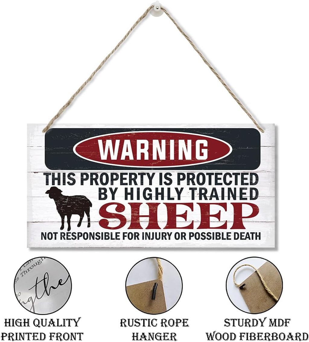 Funny Warning Signs, The Property is Protected By Highly Trained Sheep Sign, Decorative Wood Hanging Wood Plaque, Sheep Wall Decor, Farm Fence Decor, Home Garden Decor for Indoor Outdoor Use