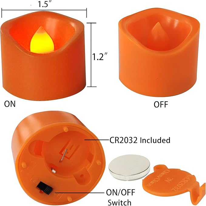 CANDLE CHOICE Battery Operated Flameless Tea Lights Orange Flickering LED Electric Fake Votive Tealight Candles Halloween Pumpkin Thanksgiving Christmas Decorations Centerpieces 24 Pack Batteries Incl