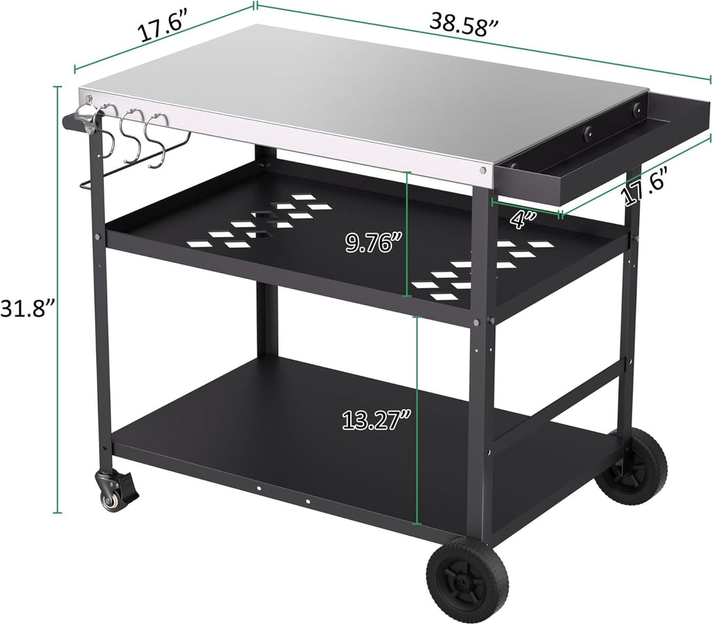 Spurgehom Outdoor Grill Cart, Pizza Oven Stand Table with Wheels Dining Cart for Outside Patio, Movable Kitchen Cooking Prep Table BBQ Cart with Mesh Racks for Home Party, Bar, Camping