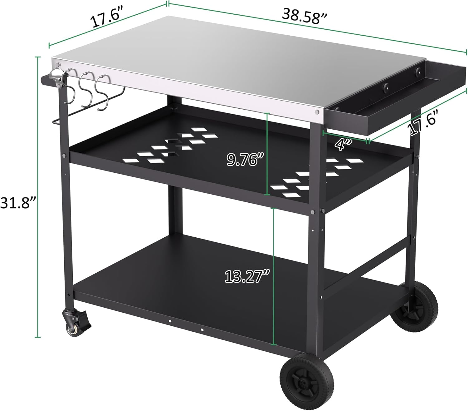 Spurgehom Outdoor Grill Cart, Pizza Oven Stand Table with Wheels Dining Cart for Outside Patio, Movable Kitchen Cooking Prep Table BBQ Cart with Mesh Racks for Home Party, Bar, Camping