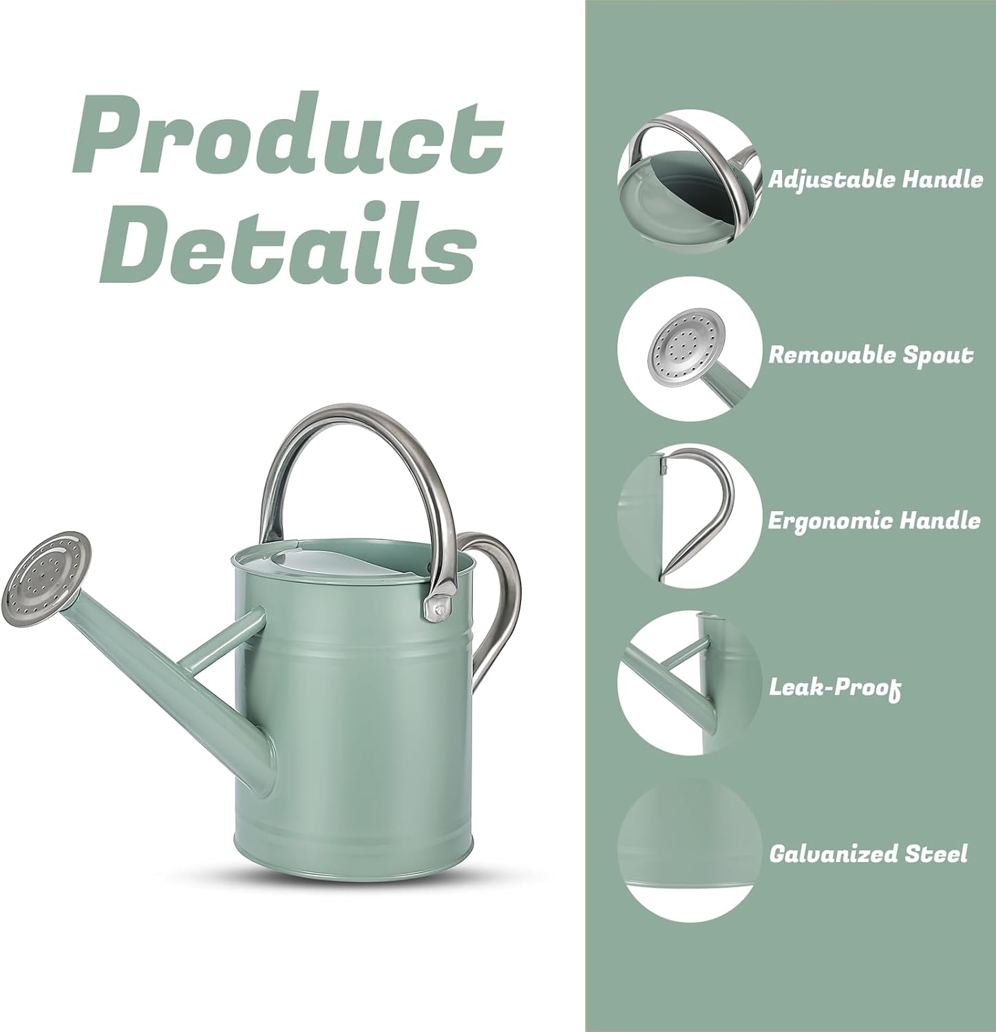 1 Gallon Watering Can for Plants, Watering Cans for Indoor&Outdoor Gardening, Galvanized Steel Watering Pot with Removable Spout, Metal Water Can with Ergonomic Movable Handle(Cream Green)