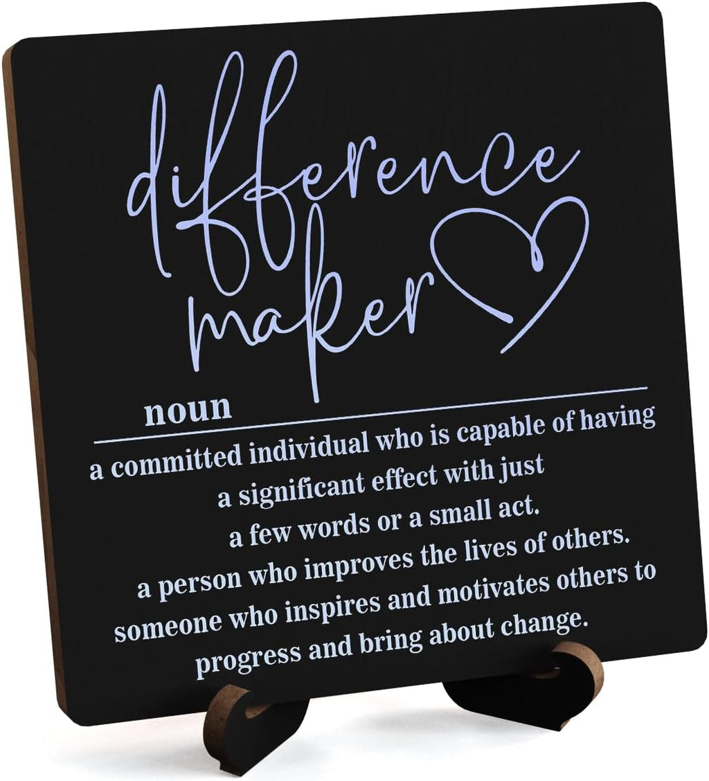Wooden Table Sign Office Decor Difference Maker Definition Desk Decor Wood Plaque With Stand Thank You Gifts for Boss Women Best Mom Coworker Teacher Office Desk Accessories(Black)-C04