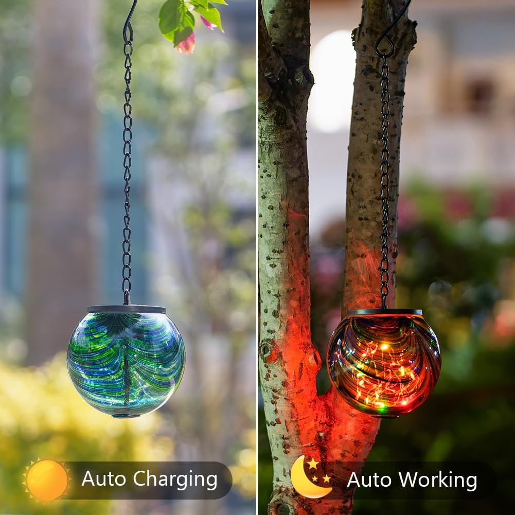Solar Hanging Lanterns Outdoor, Waterproof Solar Gazing Ball Lights, Color Changing Led Glass Globe Lights for Garden Yard Tree Party Decor, Green Swirl