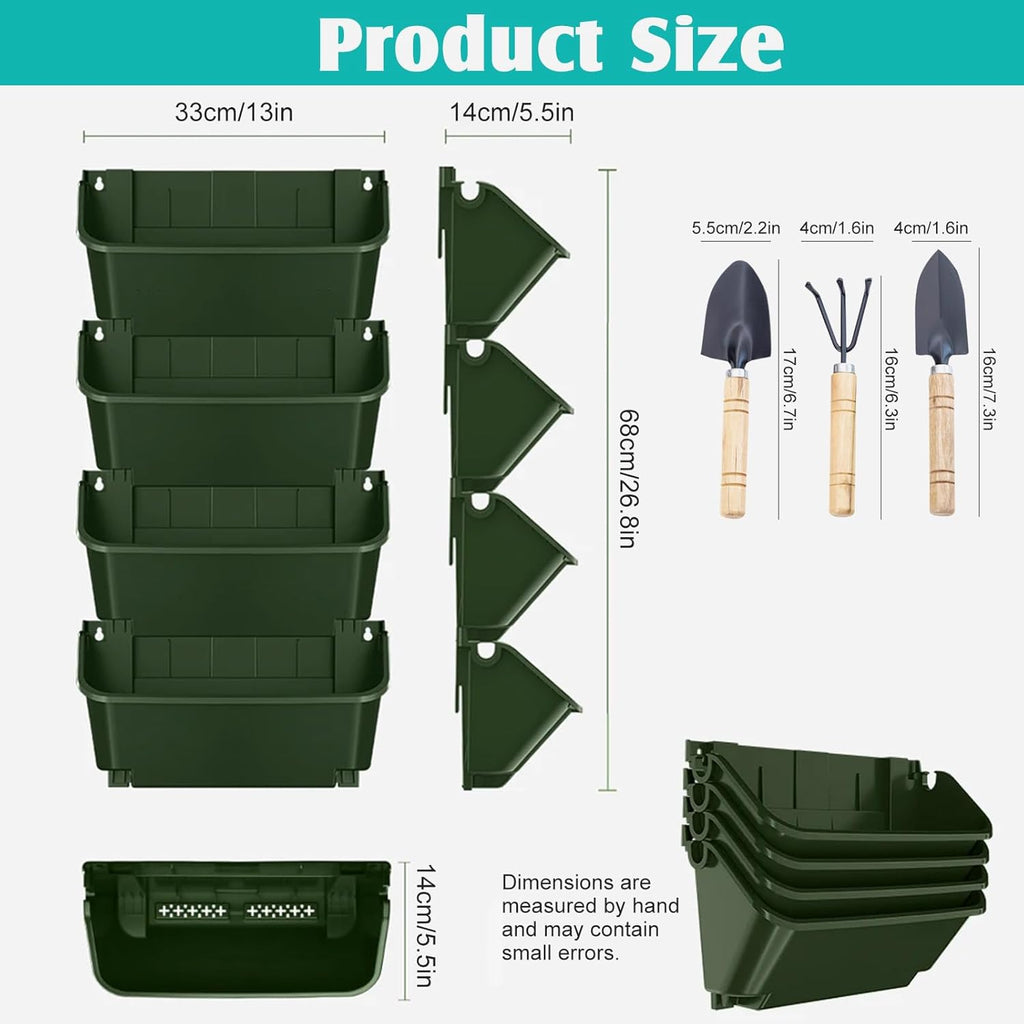 Vertical Wall Planter, 4 Packs Self Watering Wall Planters for Indoor with 3 Pcs Garden Tool Set Vertical Planter Tower for Strawberries Flowers Herbs, 12.9''x5.5'' x26.7''