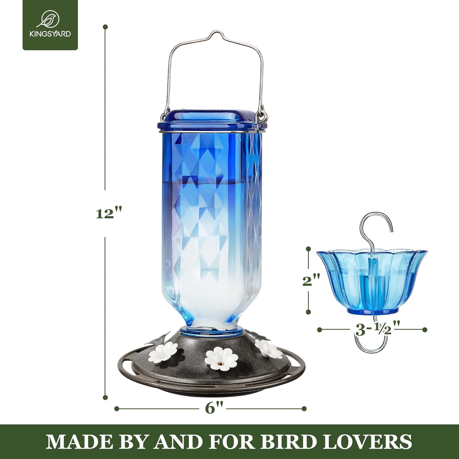 Kingsyard 2 Pack Glass Hummingbird Feeder for Outdoor Hanging, 24 Ounces, 6 Feeding Ports, Bird Nectar Feeder for Garden Décor, Ant Moat Included, Blue