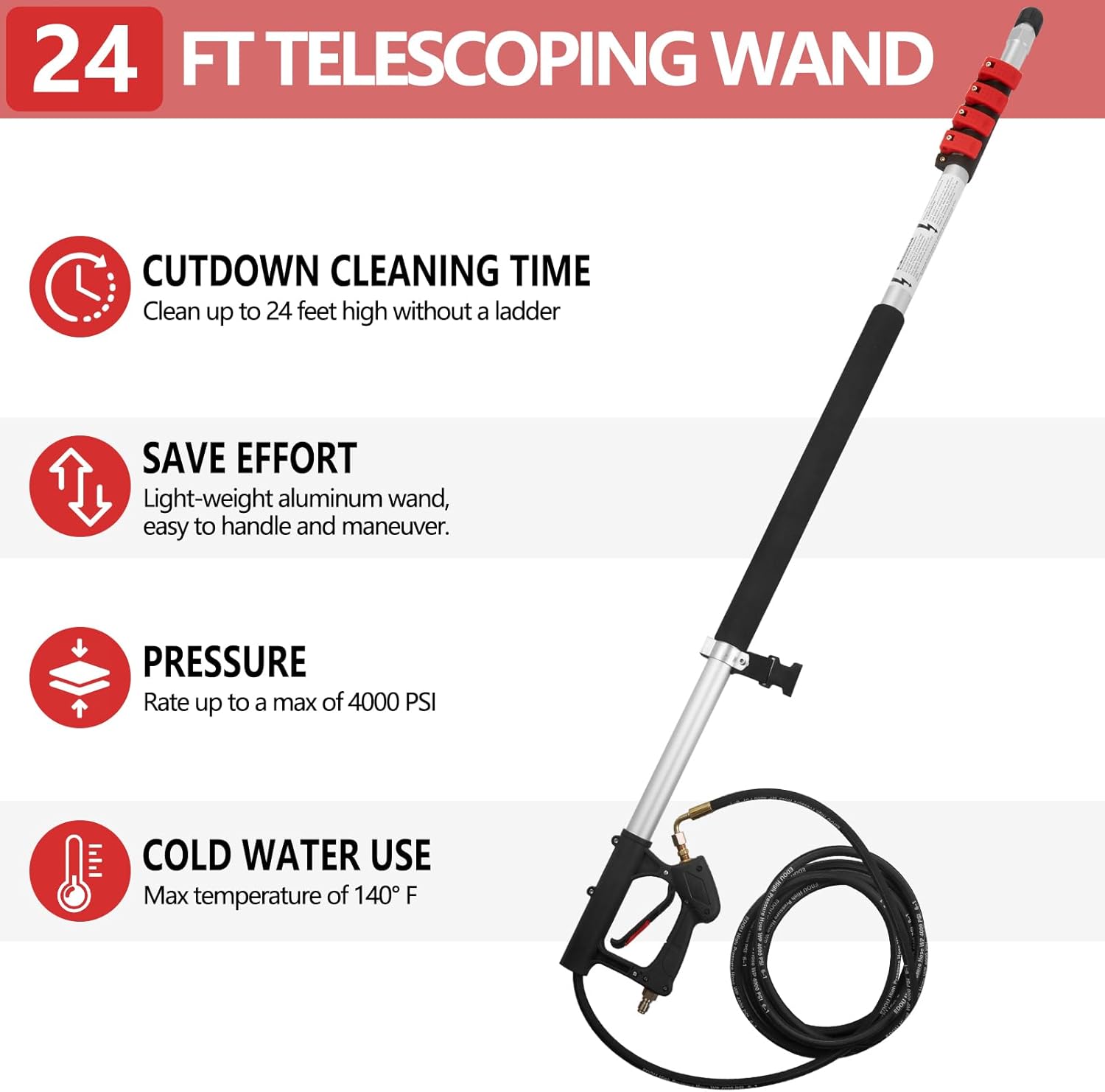 Tecoloy 24 FT Telescoping Pressure Washer Wand with Power Washer Extension Wand, Support Belt, Gutter Cleaner Attachment, 5 Spray Nozzle Tips and 2 Hose Inlet Adapters