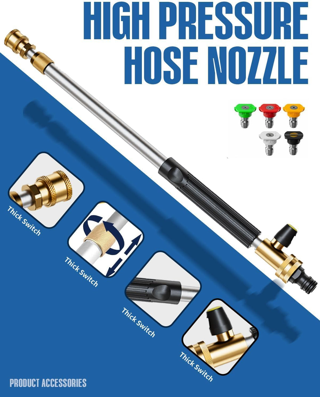 Jet Nozzle High Pressure Hose Nozzle, 2025 Upgraded Adjustable Hydro Nozzle Wands 18-33 inch, Garden Water Hose Sprayer with 5 Tips and Hose Quick Connectors for Garden, Floor and Car Washing