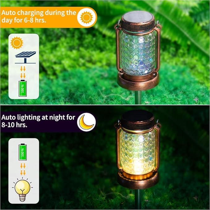 Outdoor Garden Decor, 2 Pack Solar Lantern Waterproof Warmwhite Mason Jar Hanging Lights, Porch Decorative for Garden Yard Patio Backyard Deck Courtyard Lawn