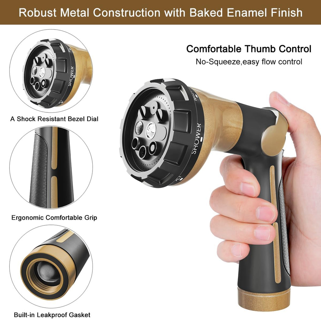 FANHAO Garden Hose Nozzle Heavy Duty, 100% Metal Water Hose Sprayer with 8 Spray Patterns, High Pressure Spray Nozzle Thumb Control On Off Valve for Lawn & Plant Watering, Car & Pet Washing - Khaki