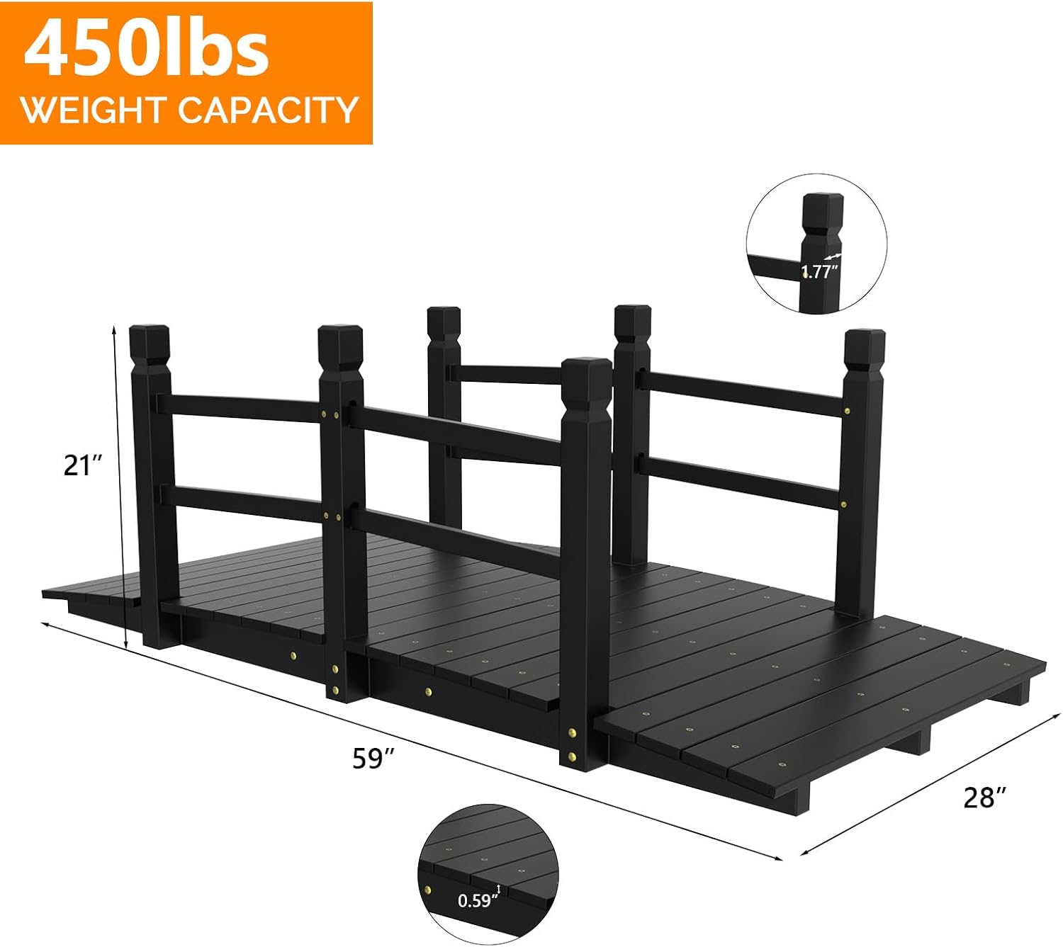 VINGLI Garden Bridge, Classic Wooden Arch with Safety Rails Footbridge (Black, 5 ft)