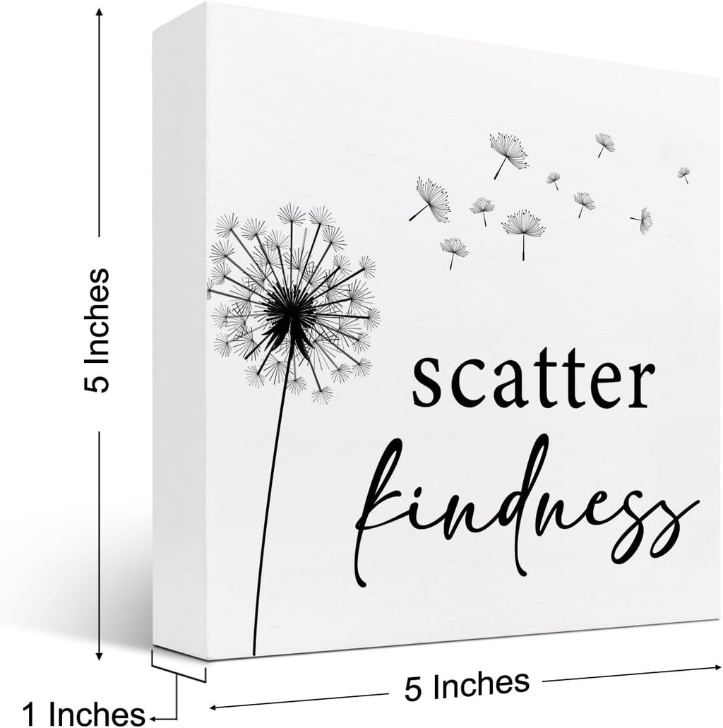 z-Crange Scatter Kindness Dandelion Wood Block Sign, Rustic Kindness Quote Wooden Box Plaque Sign for Home, College, Office Shelf, Table Decor