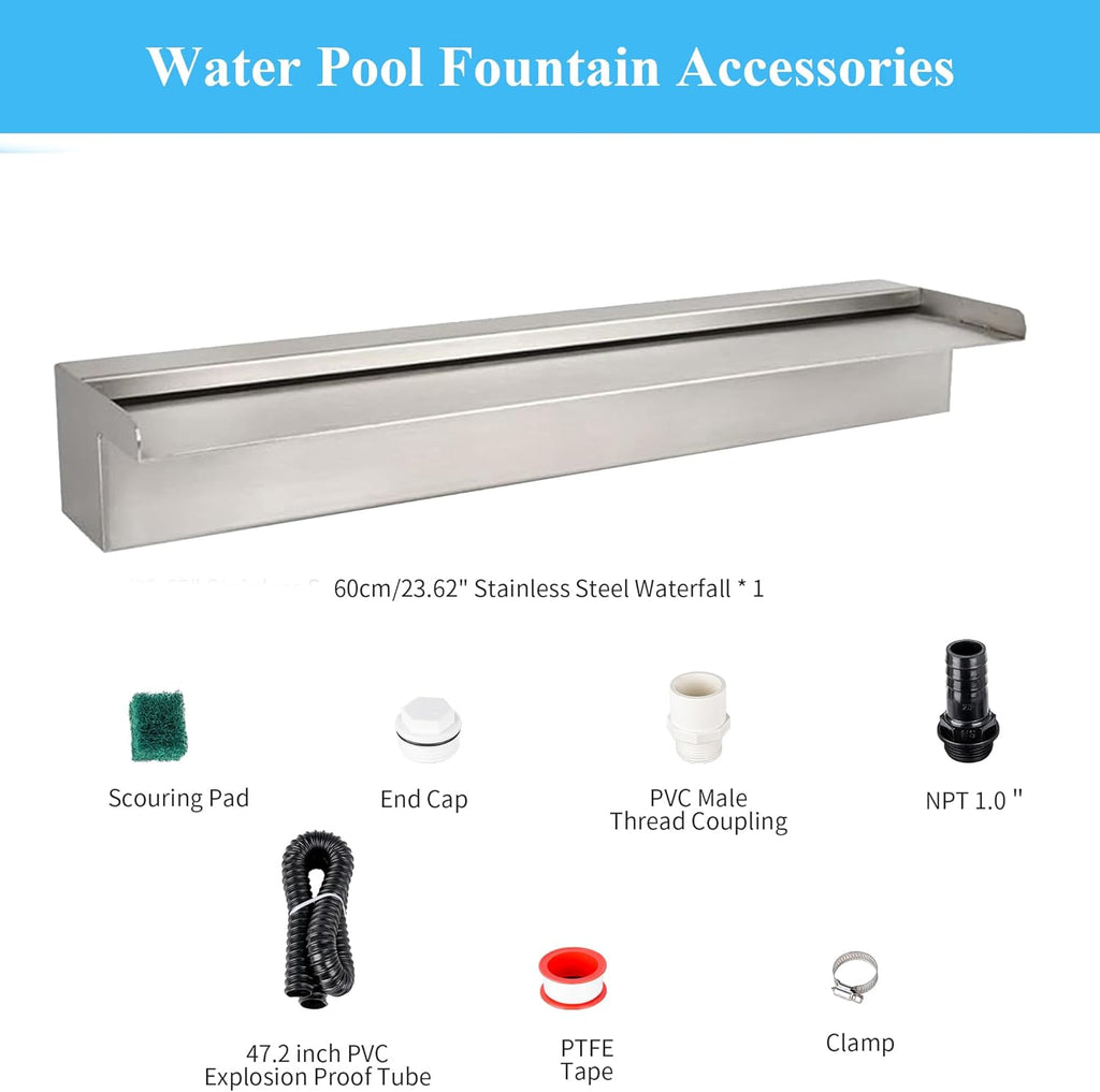 24 Inch Pool Fountain 304 Stainless Steel Waterfall Spillway with Pipe Connector Kits, Wider Water Flow Sheer Descent Platform Water Feature Fountain for Swimming Pool, Outdoor Garden Decor