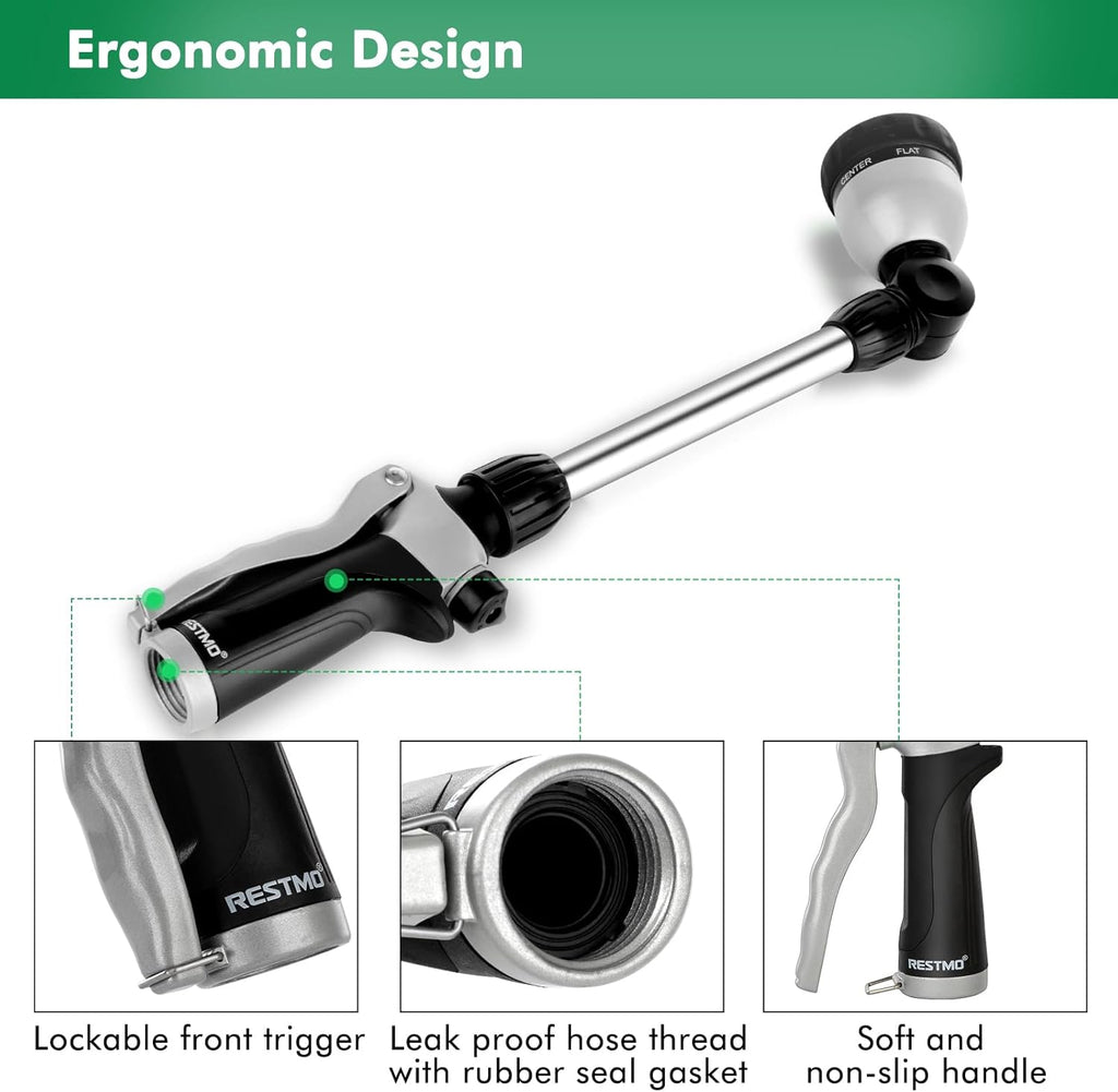 RESTMO Metal Watering Wand, Heavy Duty Garden Hose Wand with 180° Swivel Ratcheting Head, 16'' Hose Nozzle Sprayer with 7 Spray Patterns and Flow Control, for Water Hanging Baskets and Shrubs, Black