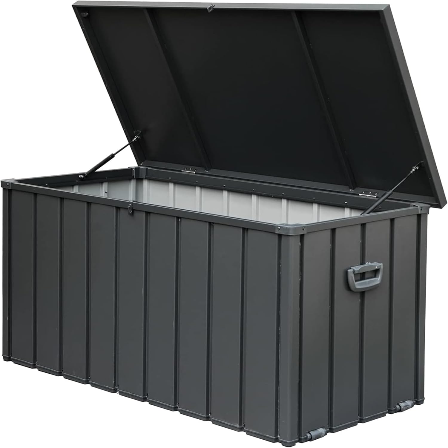 KUIKUI 150 Gallon Deck Box Waterproof, 150 Gallon Outdoor Storage Box, Metal Deck Box Waterproof for Pool Patio Cushions and Sports Pools Equipment, Dark Gray