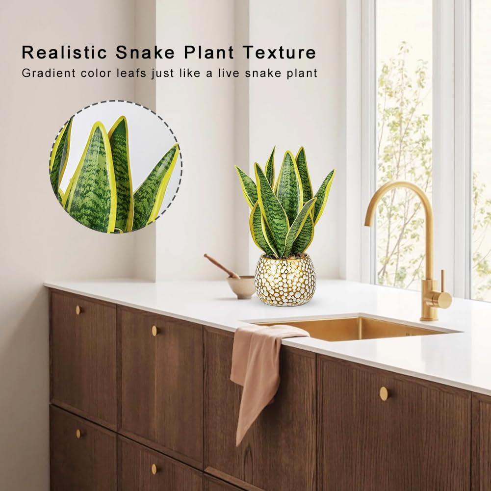 Hollyone Artificial Snake Plant Potted Faux Sansevieria Trifasciata Plants, 13" Tropical Fake Plants in Ceramic Pots for Home Office Room Indoor Decor Housewarming Gifts