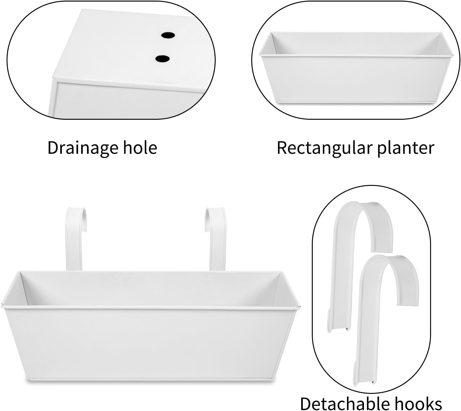 Railing Planters Outdoor Balcony 16 Inch Deck Over The Railing Planter Boxes Hanging Planters for Fence Flower 5 Pcs (White)