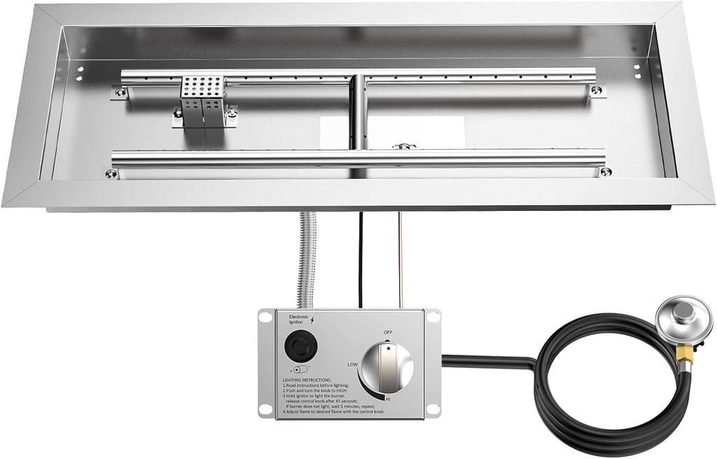 Skyflame Stainless Steel 24" Rectangle Fire Pit Drop-in Burner Kit with Extinguishing Protection Device, Flame Sensing, Electronic Spark Ignition, Gas Hose Connector for Propane