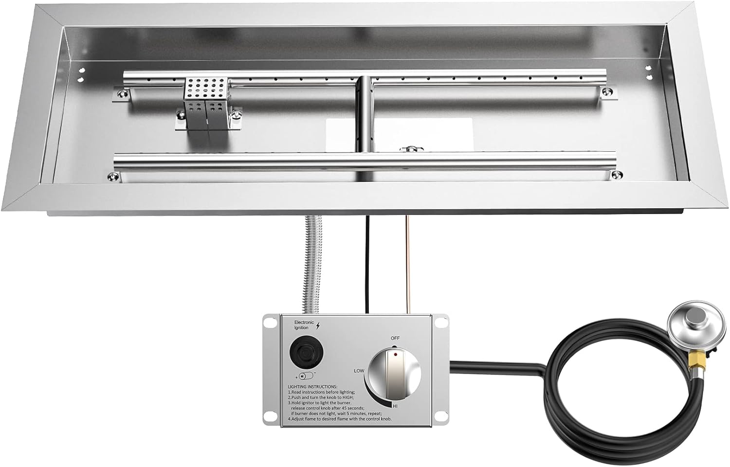 Skyflame Stainless Steel 24" Rectangle Fire Pit Drop-in Burner Kit with Extinguishing Protection Device, Flame Sensing, Electronic Spark Ignition, Gas Hose Connector for Propane