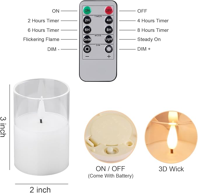 6Pack Glass Flickering Flameless Candles with Remote, 2"X3" Real Wax Votive Candles Battery Operated, Small Electric LED Candles for Wedding Home Decor, w/4 Timers+2 Lighting Modes [Clear]