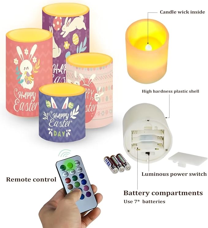 Happy Easter Flameless LED Battery Candles 4PCS Pillar Candles with 18-Key Timer Remote Color Changing Lights for Easter Party Day Celebration Decor, Cute Floral Bunny Rabbit