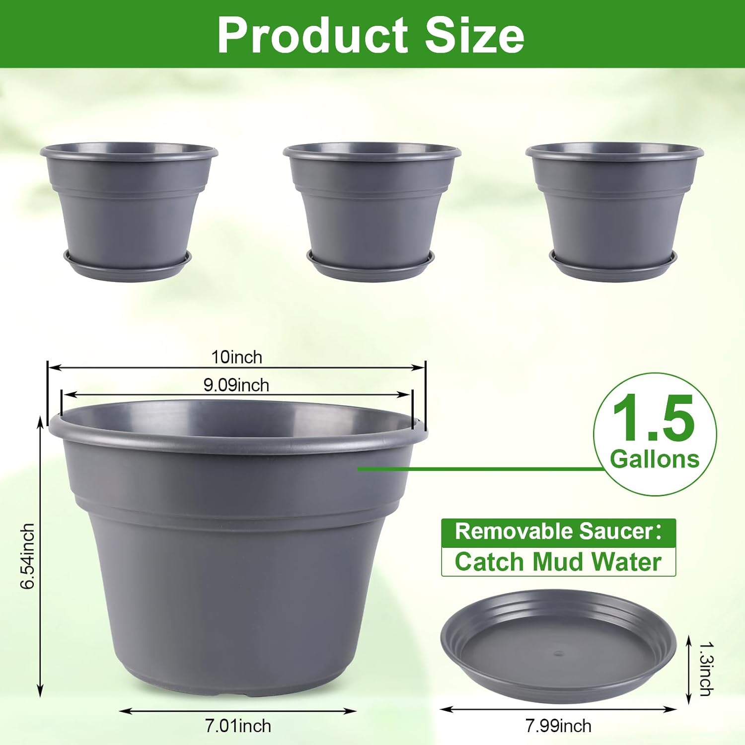 10-inch-Plant-Pots-Indoor-Outdoor, 4 Pack Plastic Planters with Drainage Holes & Saucers, Resin Flower Pots with Trays, Classic Garden Pot Container for House