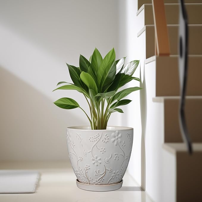 10 Inch Plant Pot Ceramic Planter Pot with Drainage Hole and Saucer Round Planter Large Flower Pot for Indoor Outdoor Plants Home Garden Decor White