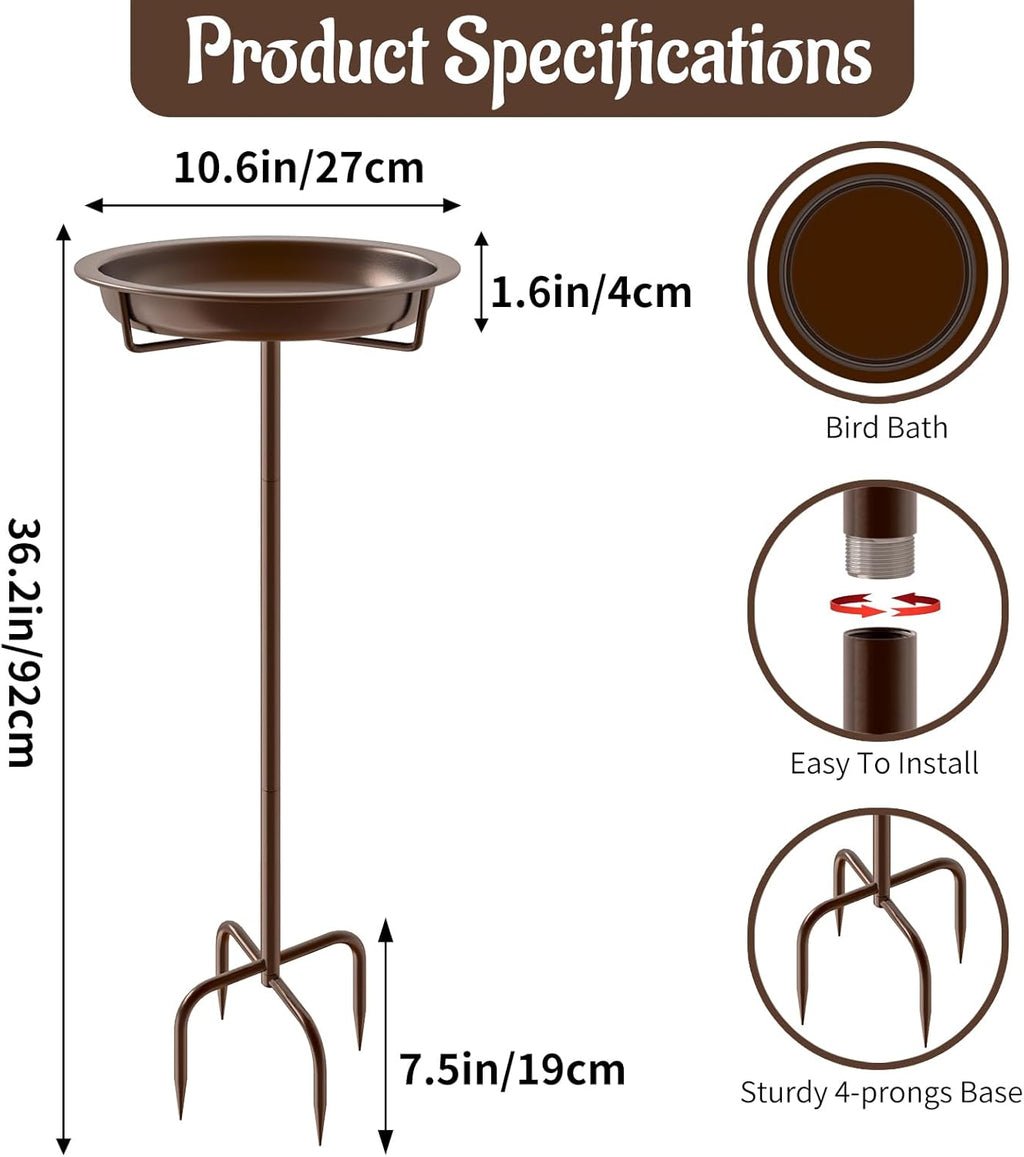 Metal Bird Bath for Outside, 36.2" Height Birdbath Bowl Standing Bird Feeders for Outdoors with 4 Prongs Base Stake, Freestanding Birdfeeders for Garden Yard Lawn Decor (Brown)