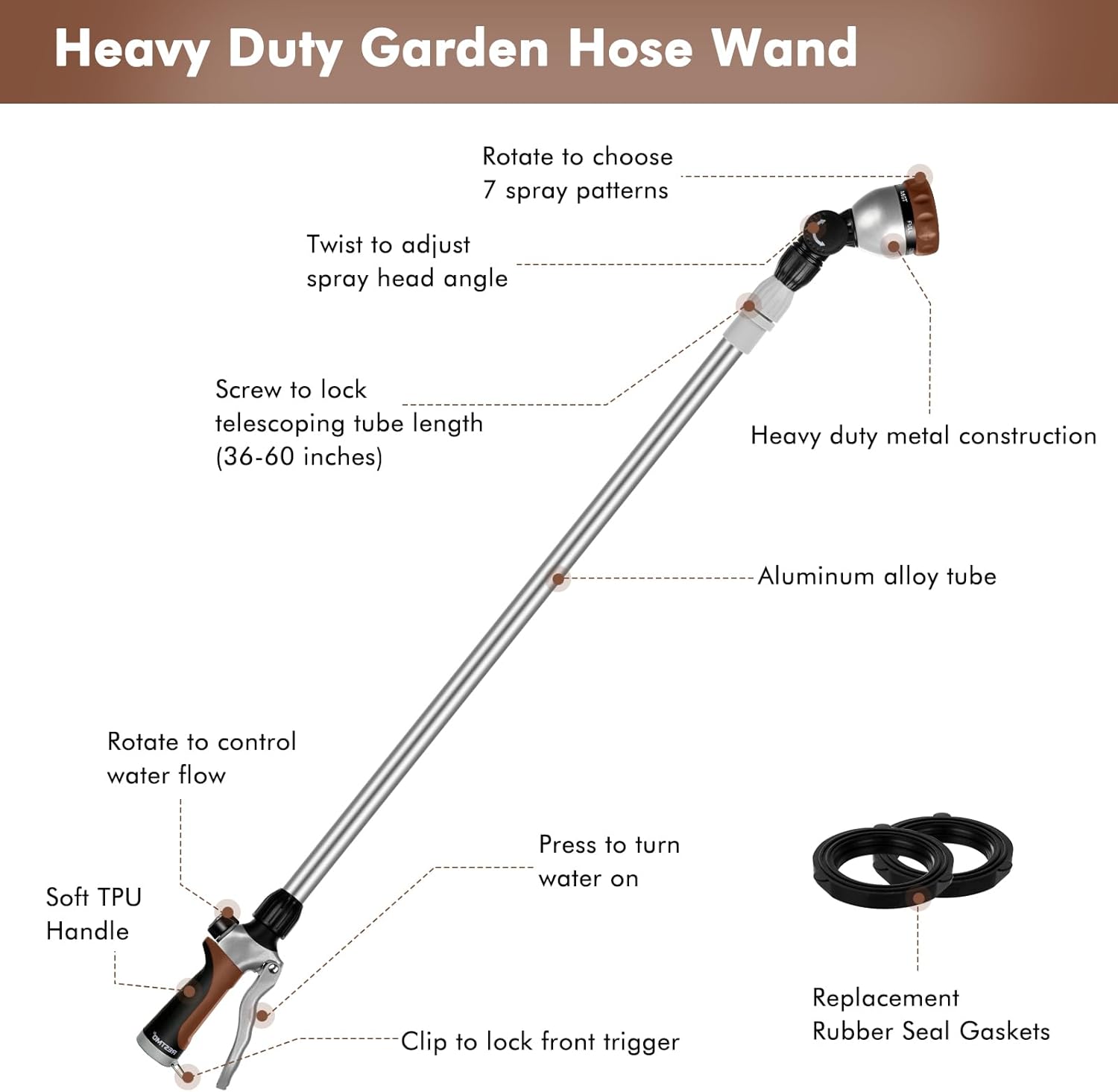 RESTMO 36”-60” Metal Watering Wand, Long Telescopic Tube | 180° Adjustable Ratcheting Head | 7 Spray Patterns | Flow Control, Garden Hose Sprayer to Water Hanging Baskets, Shrubs, Brown