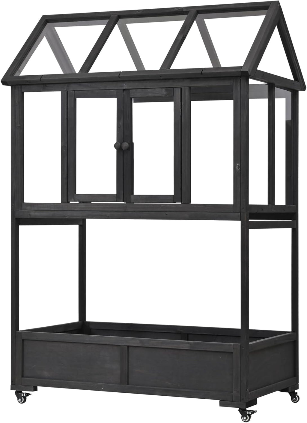 Merax Wood Garden Portable Cold Frame, Flower Plants Shelf with Movable Wheels, Mini Greenhouse with Openable Roof and Storage Box, Black