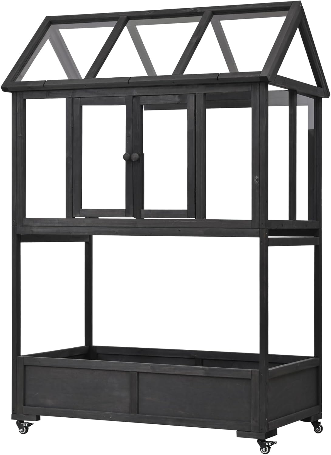 Merax Wood Garden Portable Cold Frame, Flower Plants Shelf with Movable Wheels, Mini Greenhouse with Openable Roof and Storage Box, Black