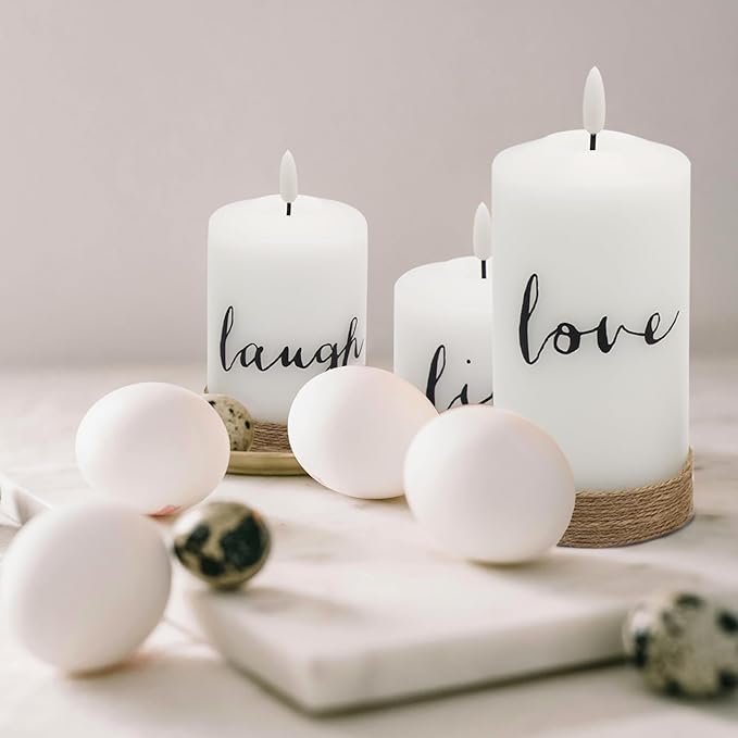 Battery Operated Flameless Flickering Candles with Remote Timer, LED Real Wax Pillar Candlesticks with Realistic 3D Wick, Set of 3 Live Laugh Love Home Decor(D3xH4 5" 6")