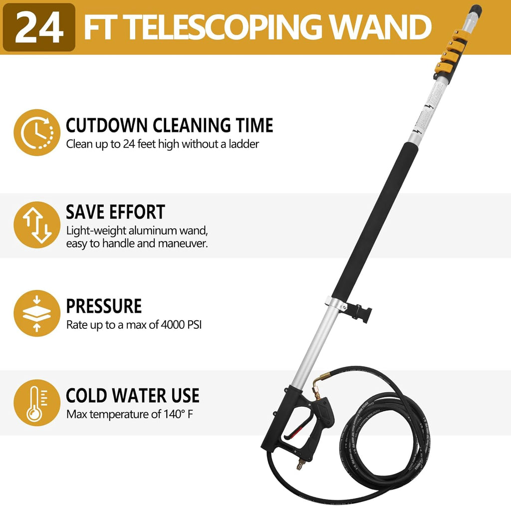 Tecoloy 24 FT Telescoping Pressure Washer Wand with Power Washer Extension Wand, Support Belt, Gutter Cleaner Attachment, 5 Spray Nozzle Tips and 2 Hose Inlet Adapters