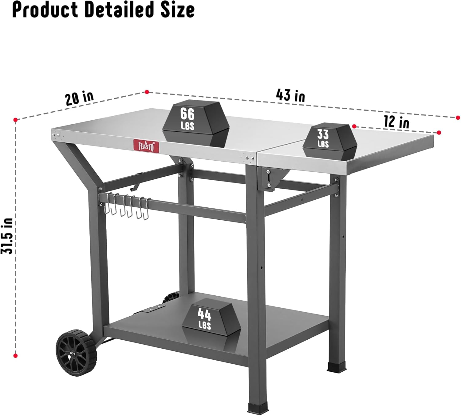 Outdoor Grill Table, 40’’x20’’ Movable Pizza Oven Table with Wheels, Stainless Steel Countertop Grill Cart with Storage Shelf & Foldable Extension, 6 Extra Hooks,for BBQ Food Prep