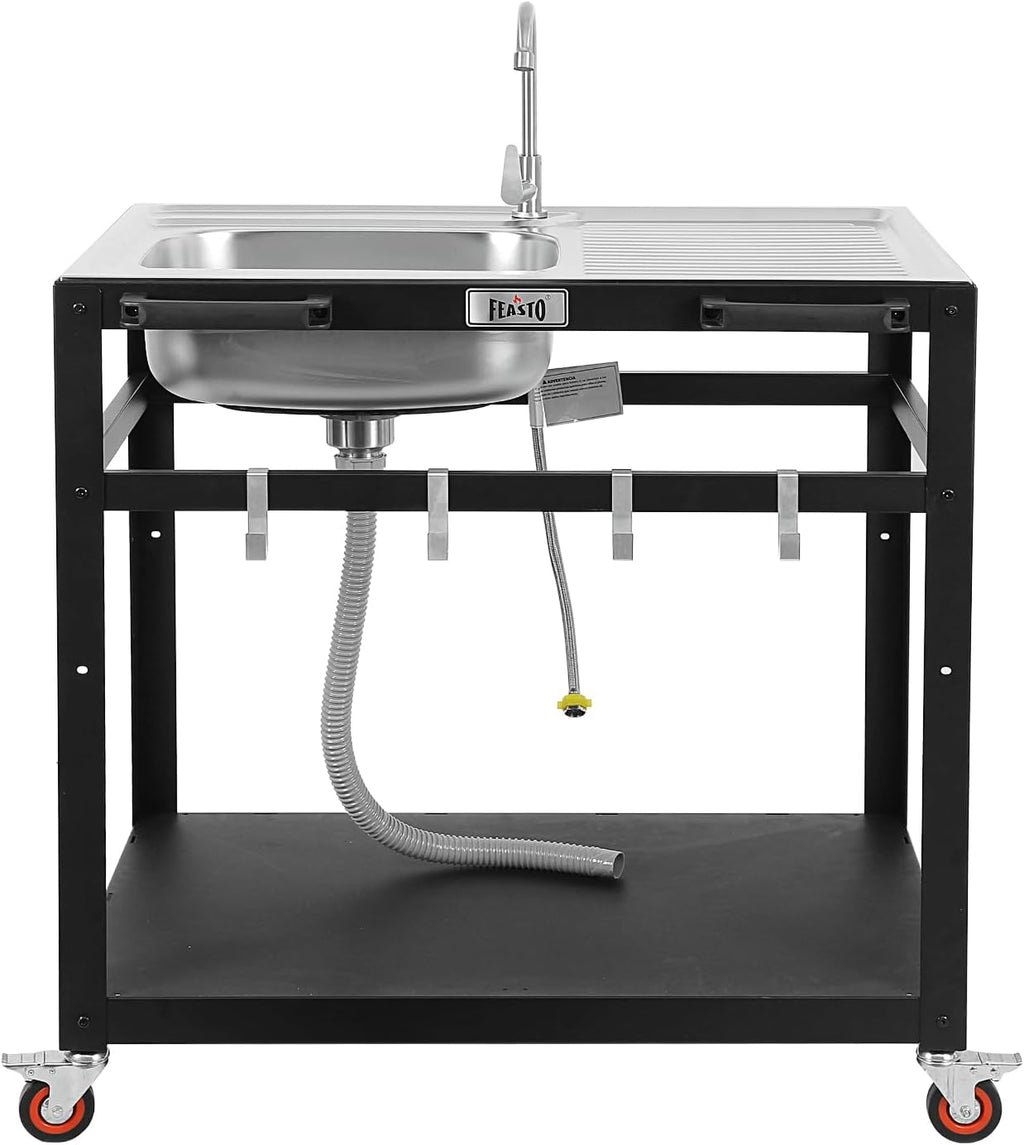 35” Outdoor Grill Cart with Sink, Outdoor Kitchen Sink Station with Hose Hook Up, Free Standing Sink with Wheels, Stainless Steel Sink with Single Bowl, Outdoor Utility Sink with Faucet