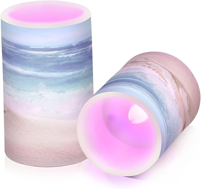 Flickering Flameless Candles, Shells Summer Sandy Beach LED Candles with Remote Timer, Set of 2 Battery Operated Candle for Valentine Wedding Birthday